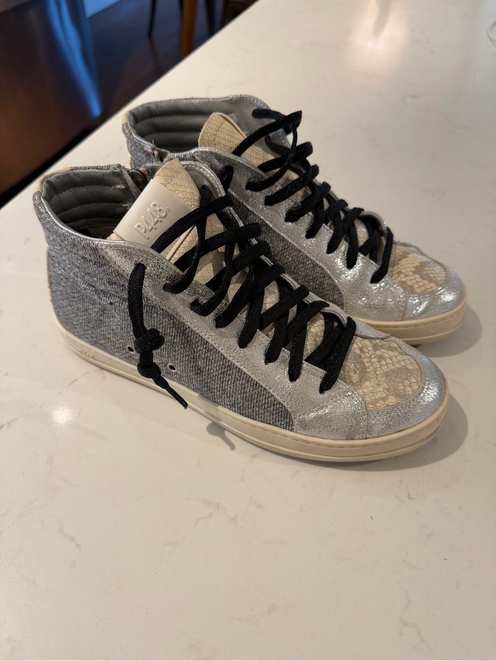 P448 Women Sneaker Molly High Top Silver Snakeskin 38 Leather Anthropologie EUC